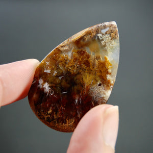 Autumnal Sagenite Plume Agate Cabochon, Red Gold Pear Teardrop Indonesian Agate Cab