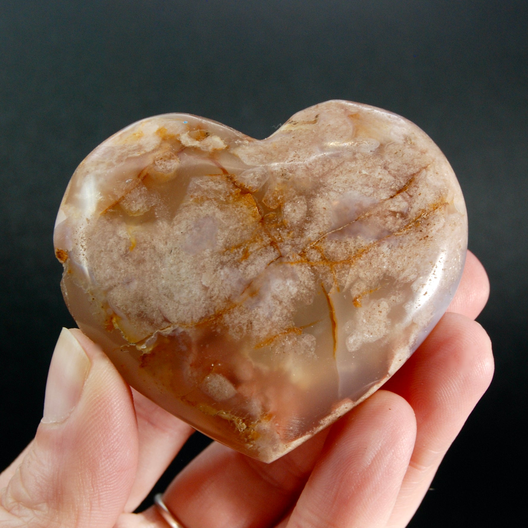 Large Sakura Flower Agate Heart Shaped Palm Stone, Madagascar