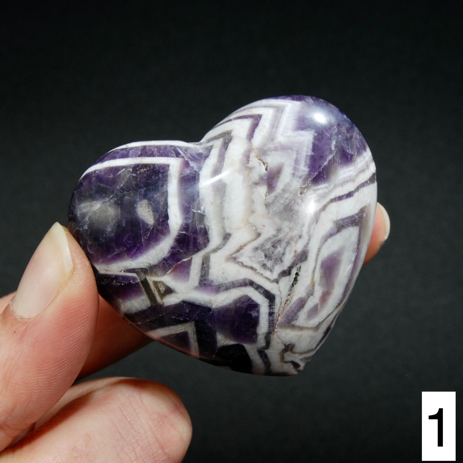 Chevron Amethyst Carved Crystal Heart Shaped Palm Stones, Zambia