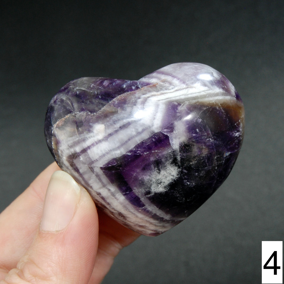 Chevron Amethyst Carved Crystal Heart Shaped Palm Stones, Zambia