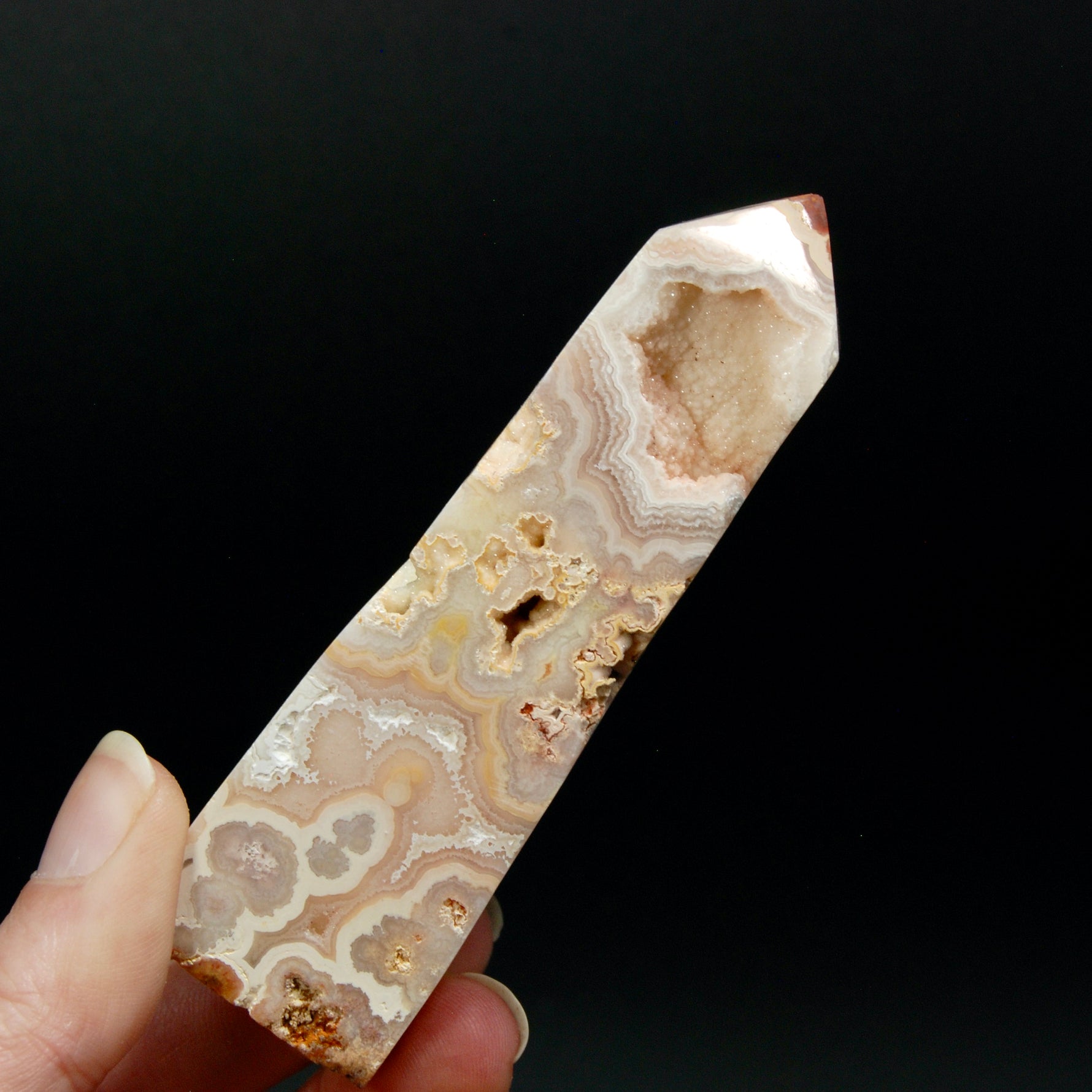 PINK Crazy Lace Agate Druzy Filled Crystal Tower, Indonesia