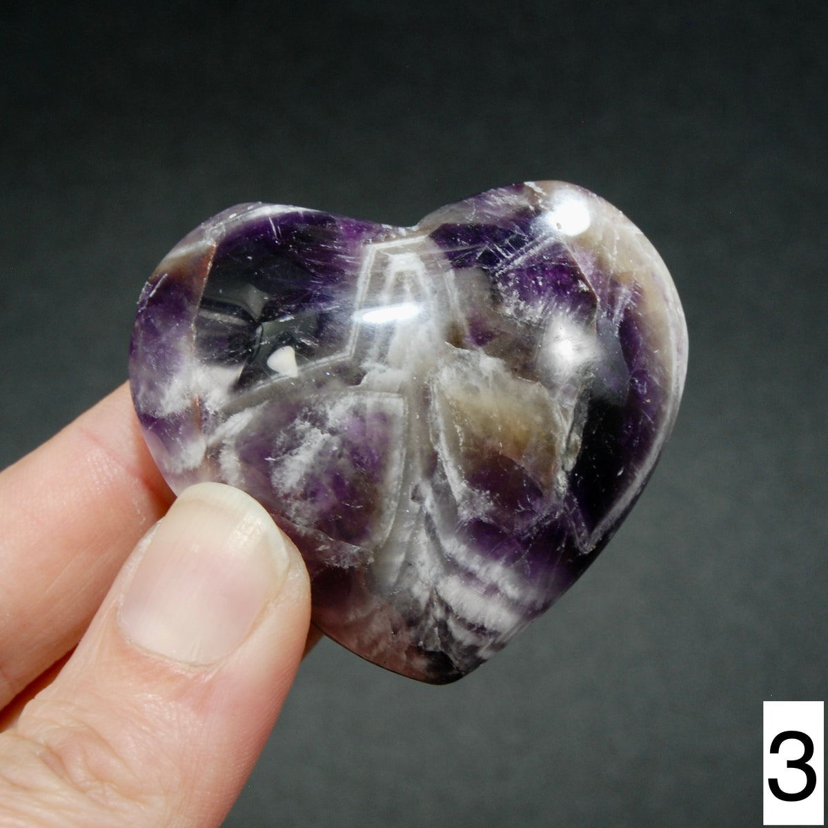 Chevron Amethyst Carved Crystal Heart Shaped Palm Stones, Zambia