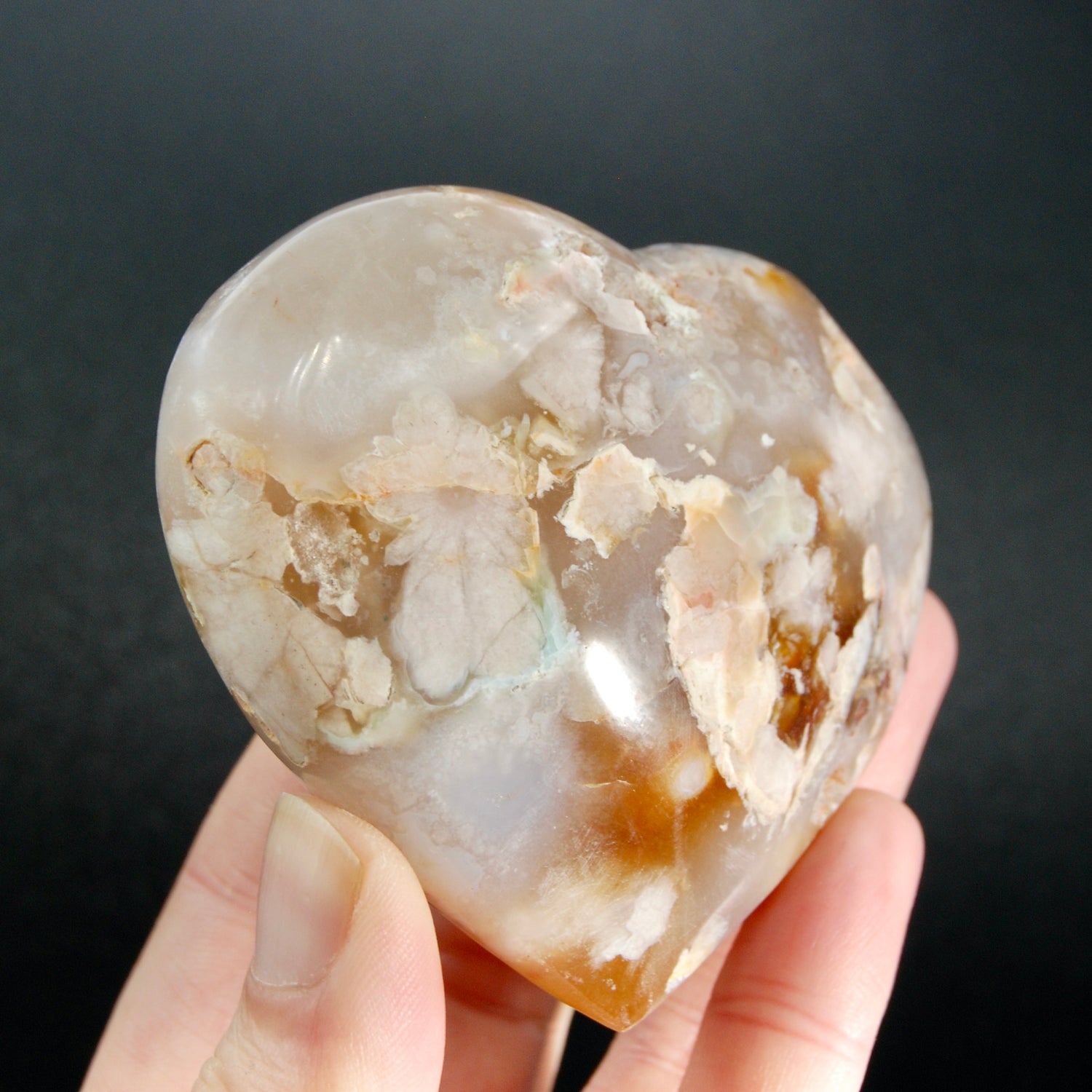 Large Sakura Flower Agate Heart Shaped Palm Stone, Madagascar