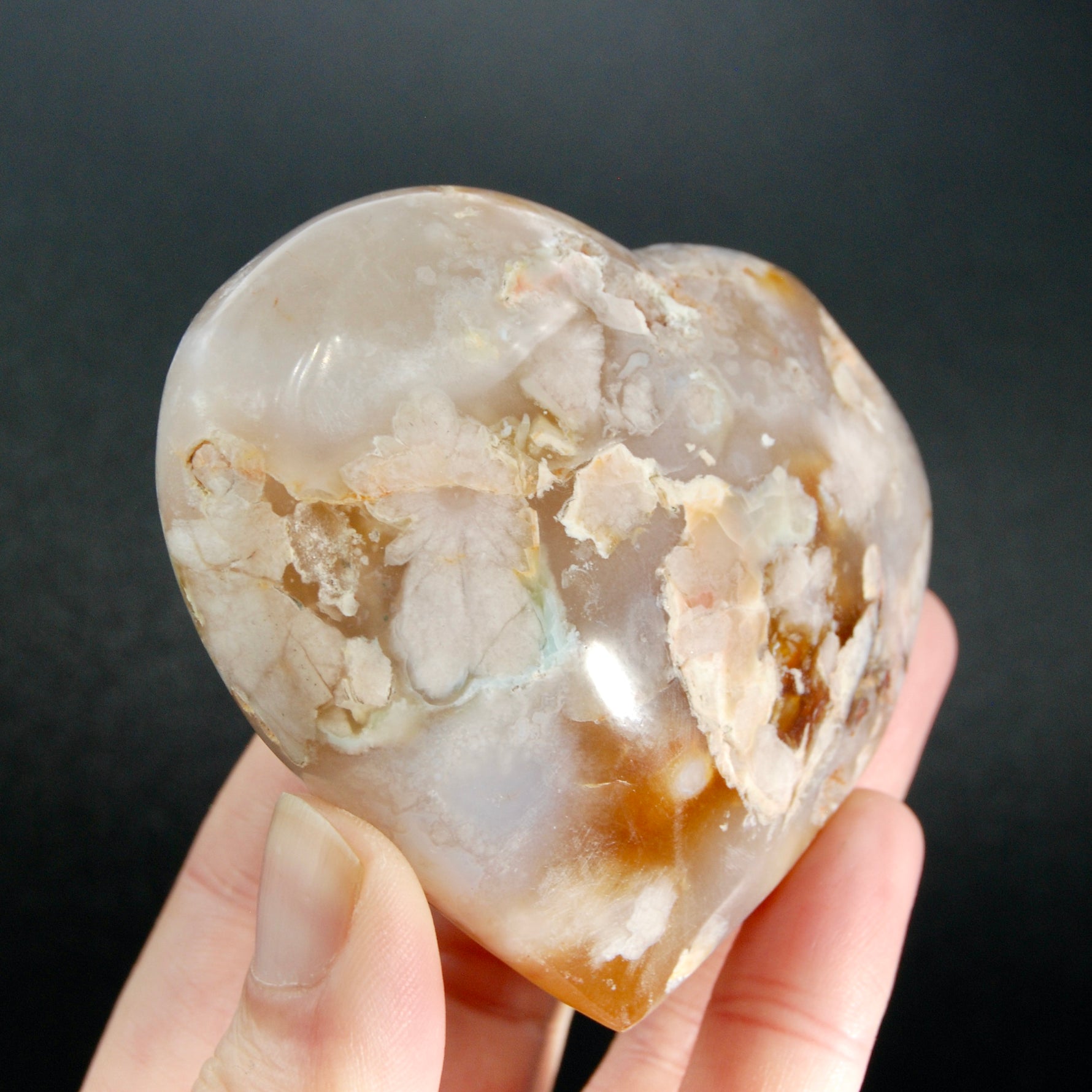 Large Sakura Flower Agate Heart Shaped Palm Stone, Madagascar
