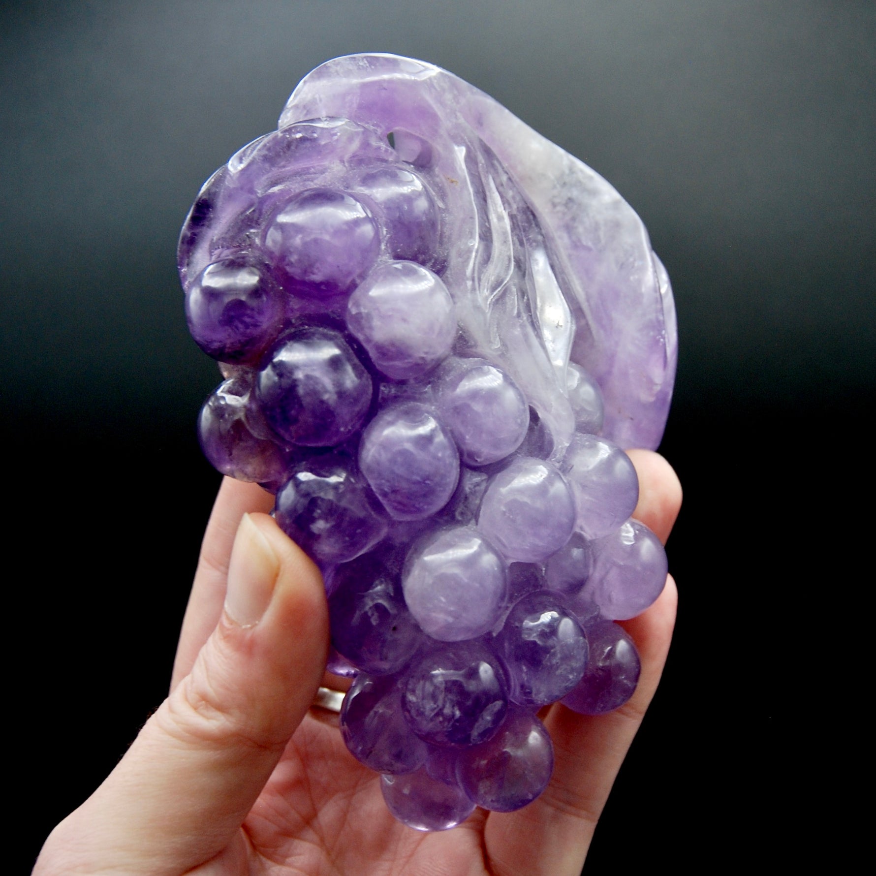 Juicy Amethyst Quartz Carved Crystal Grapes, Dark Purple Amethyst Grape Cluster Carving