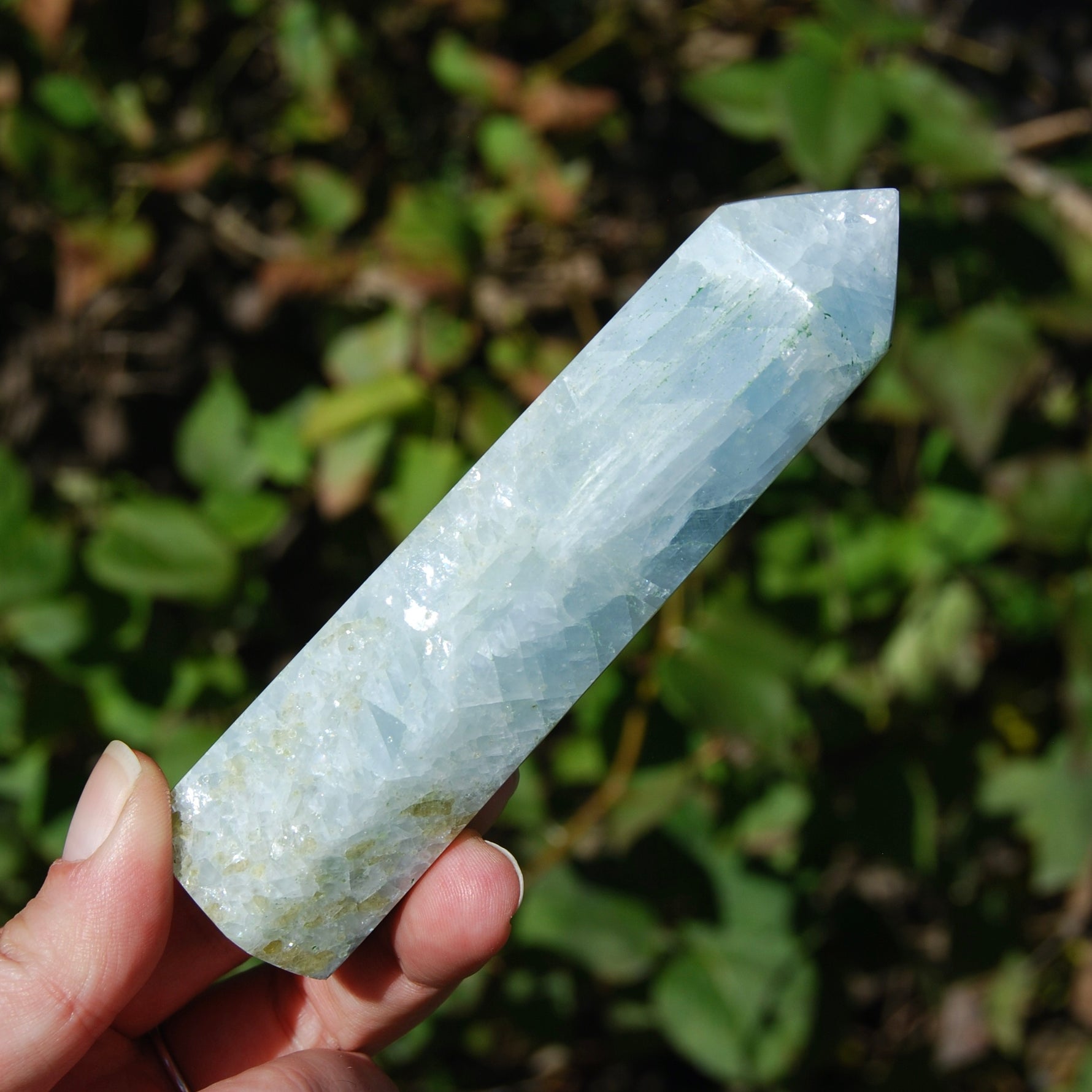 Diopside in Blue Calcite Crystal Tower, Large Blue Calcite Towers, Madagascar