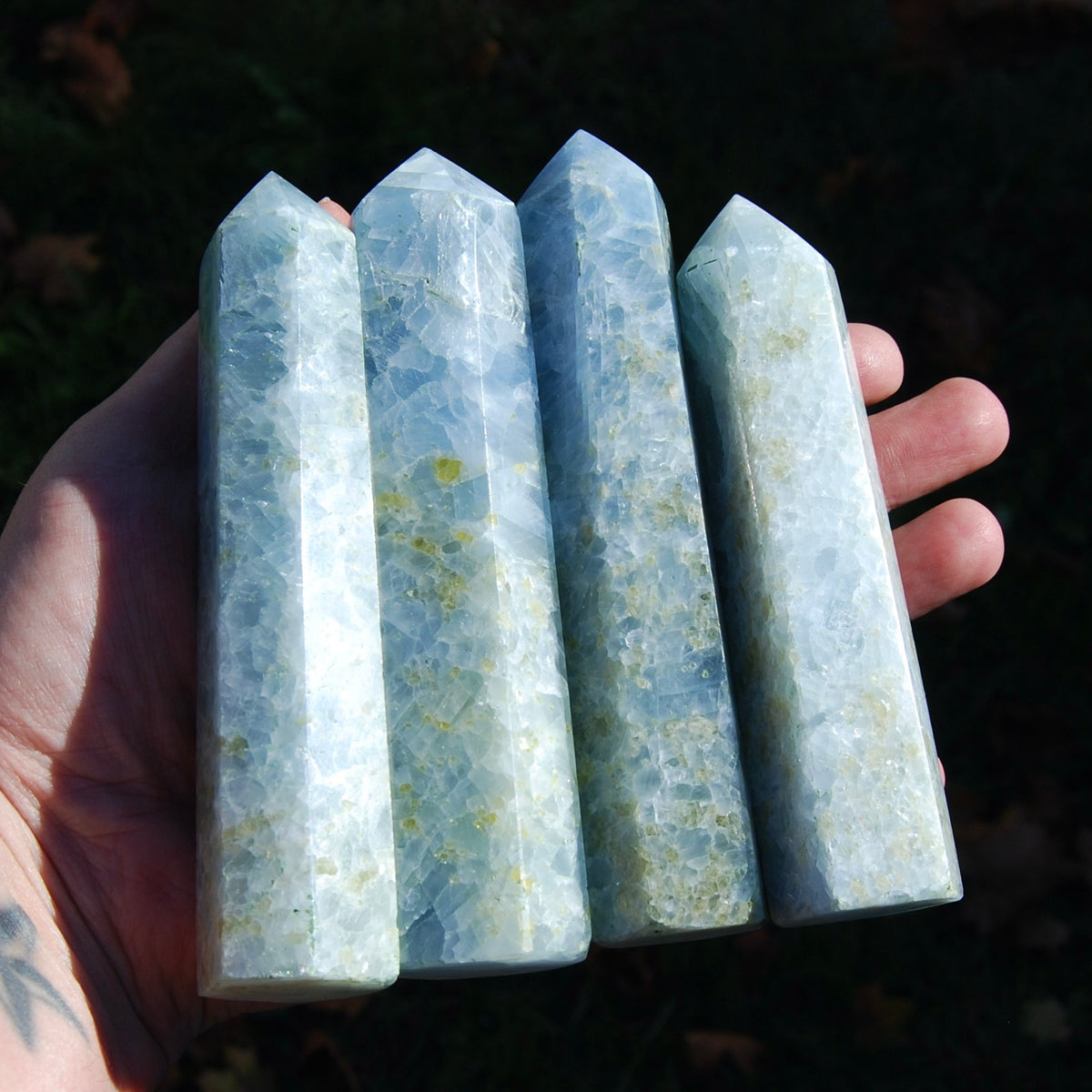 Diopside in Blue Calcite Crystal Tower, Large Blue Calcite Towers, Madagascar