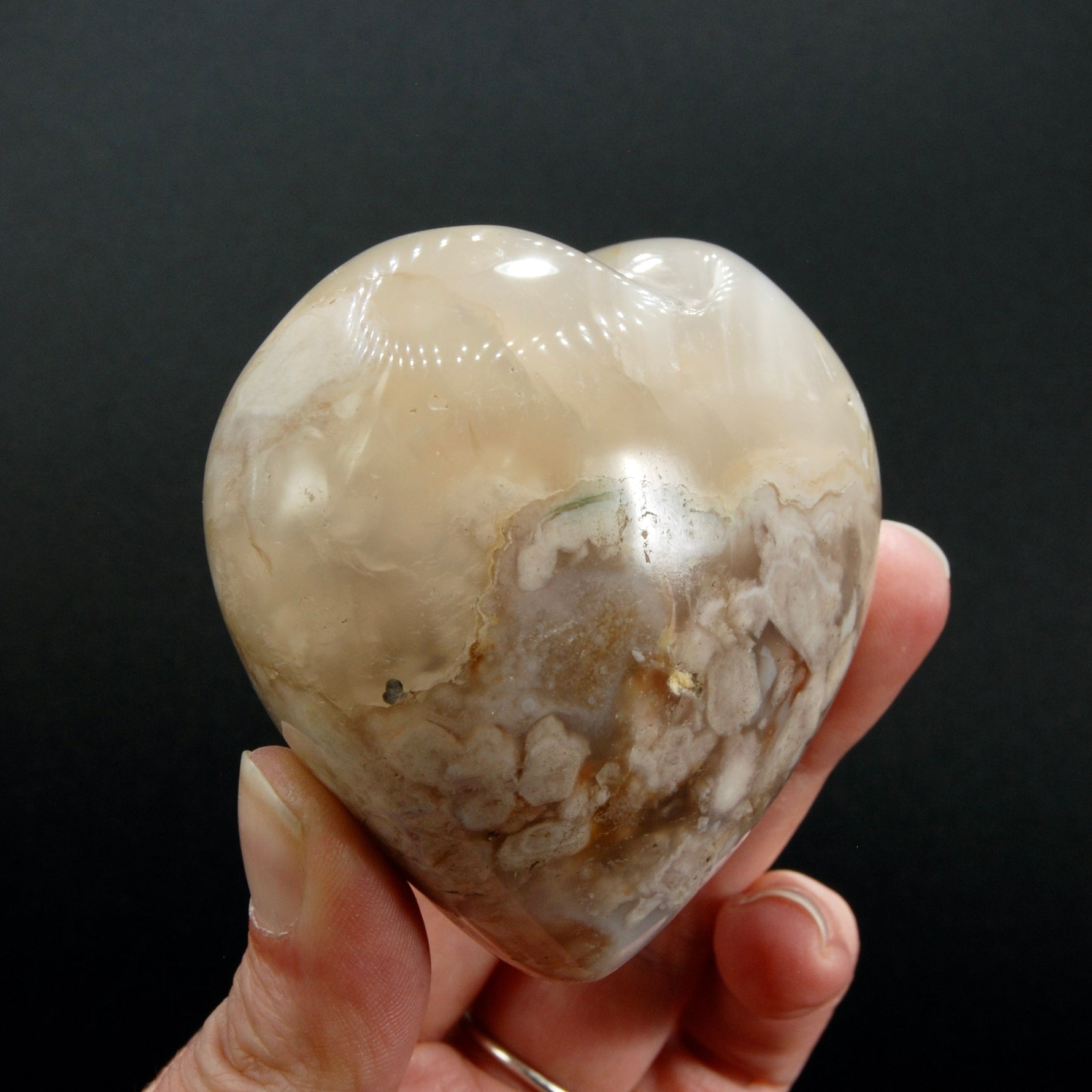 Flower Agate Heart Shaped Palm Stone, Sakura Agate Crystal Heart