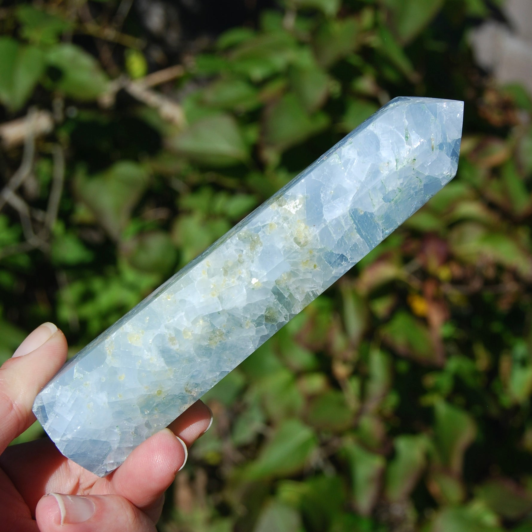 Diopside in Blue Calcite Crystal Tower, Large Blue Calcite Towers, Madagascar