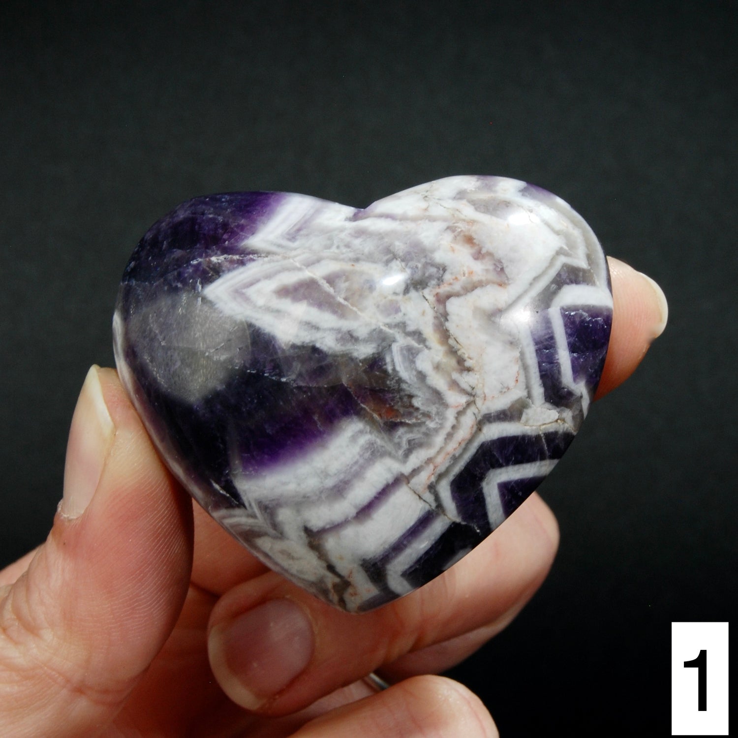 Chevron Amethyst Carved Crystal Heart Shaped Palm Stones, Zambia