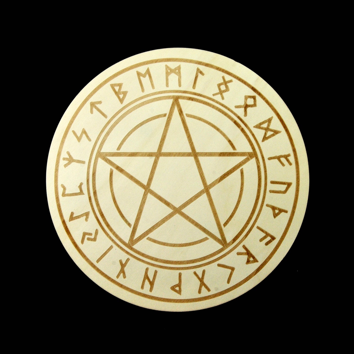 12in Large Wood PENTACLE with RUNES Crystal Grid Sacred Geometry