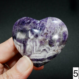 Chevron Amethyst Carved Crystal Heart Shaped Palm Stones, Zambia
