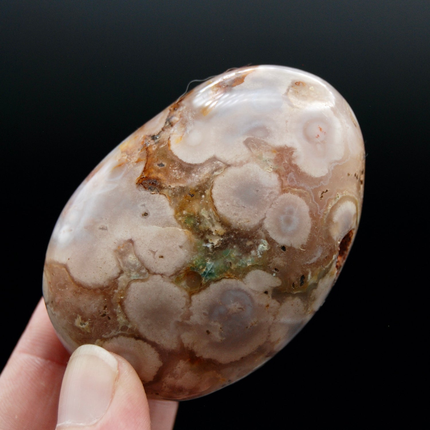 Sakura Flower Agate Palm Stone, Pink Lavender Green Sakura Agate, Madagascar