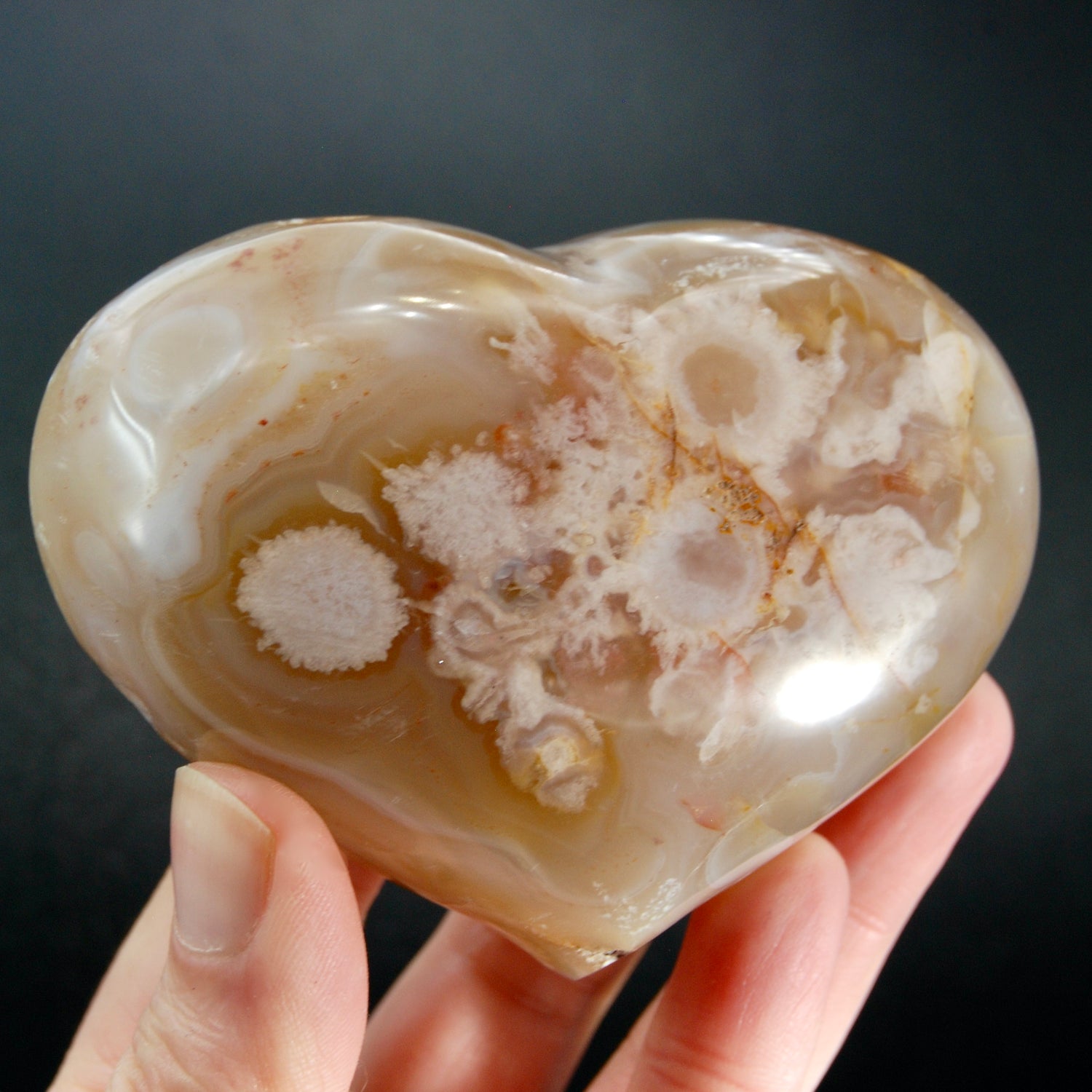 Large Sakura Flower Agate Heart Shaped Palm Stone, Madagascar