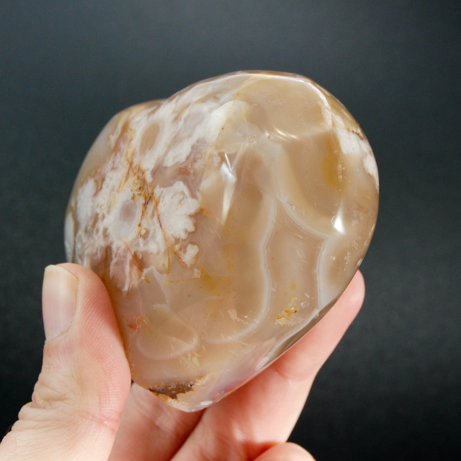 Large Sakura Flower Agate Heart Shaped Palm Stone, Madagascar