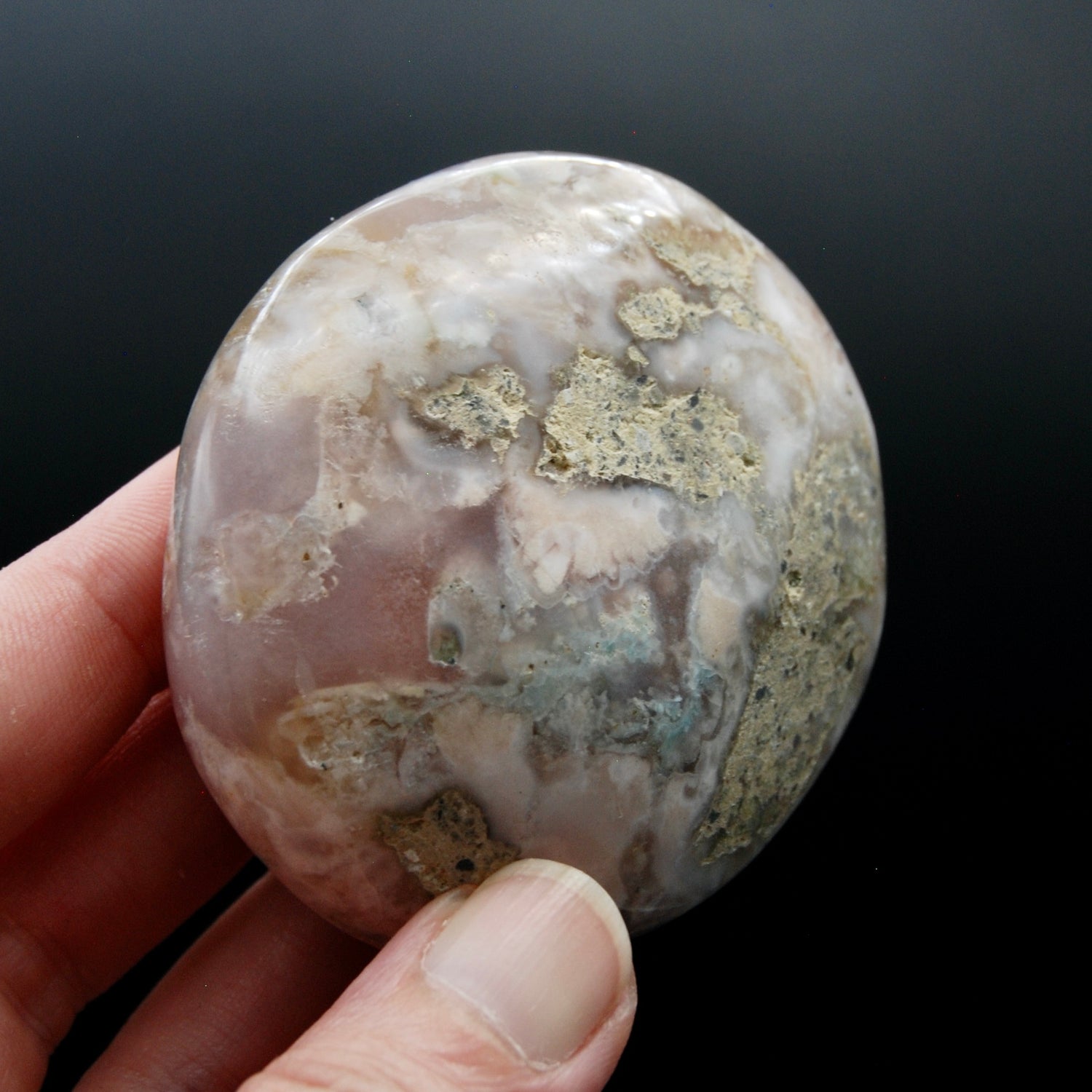 Sakura Flower Agate Palm Stone, Pink Lavender Green Sakura Agate, Madagascar