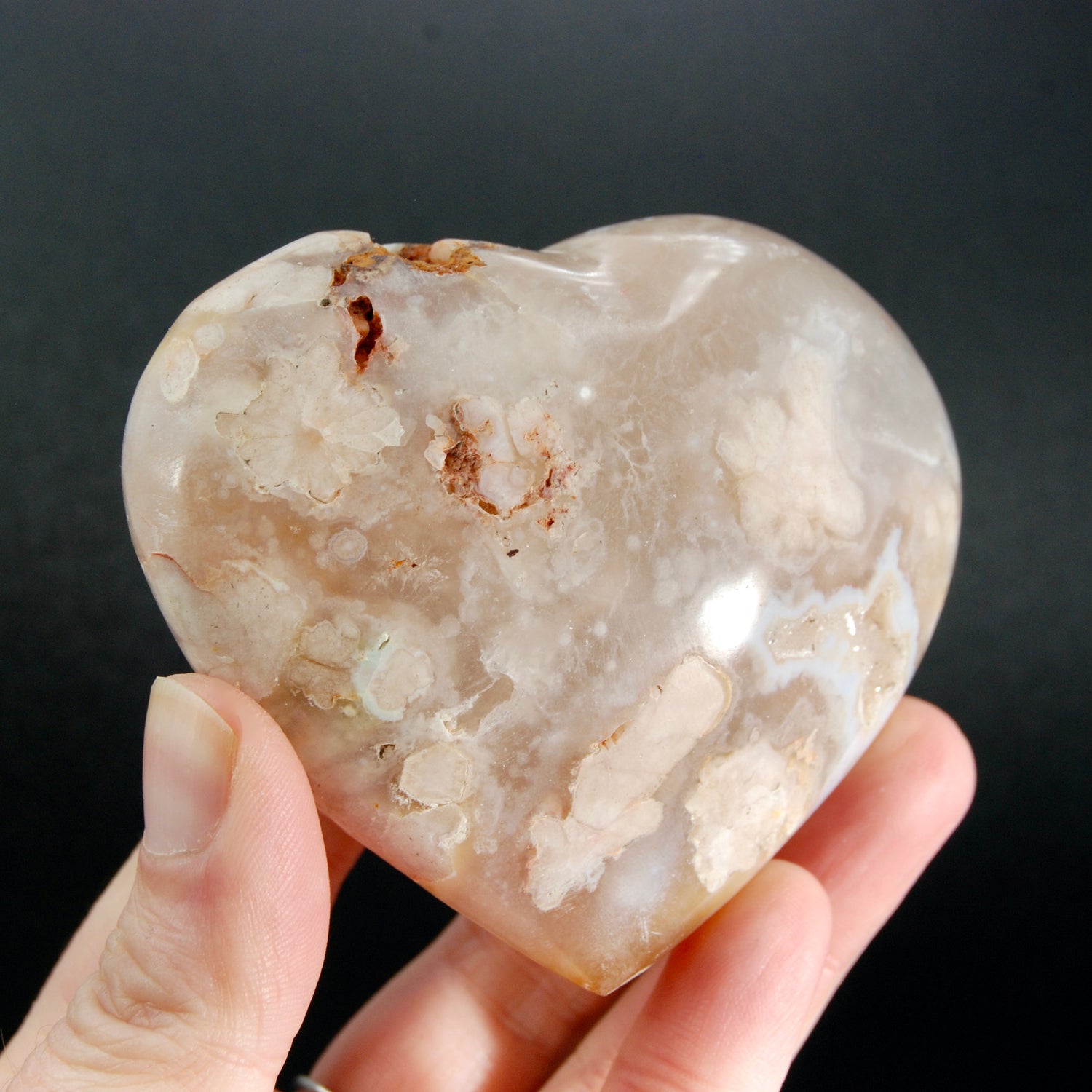 Large Sakura Flower Agate Heart Shaped Palm Stone, Madagascar