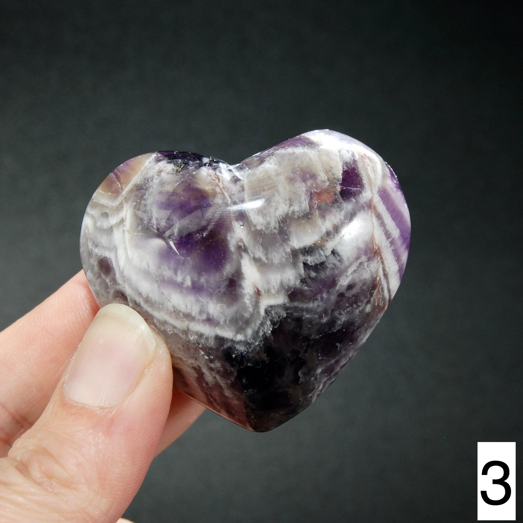 Chevron Amethyst Carved Crystal Heart Shaped Palm Stones, Zambia