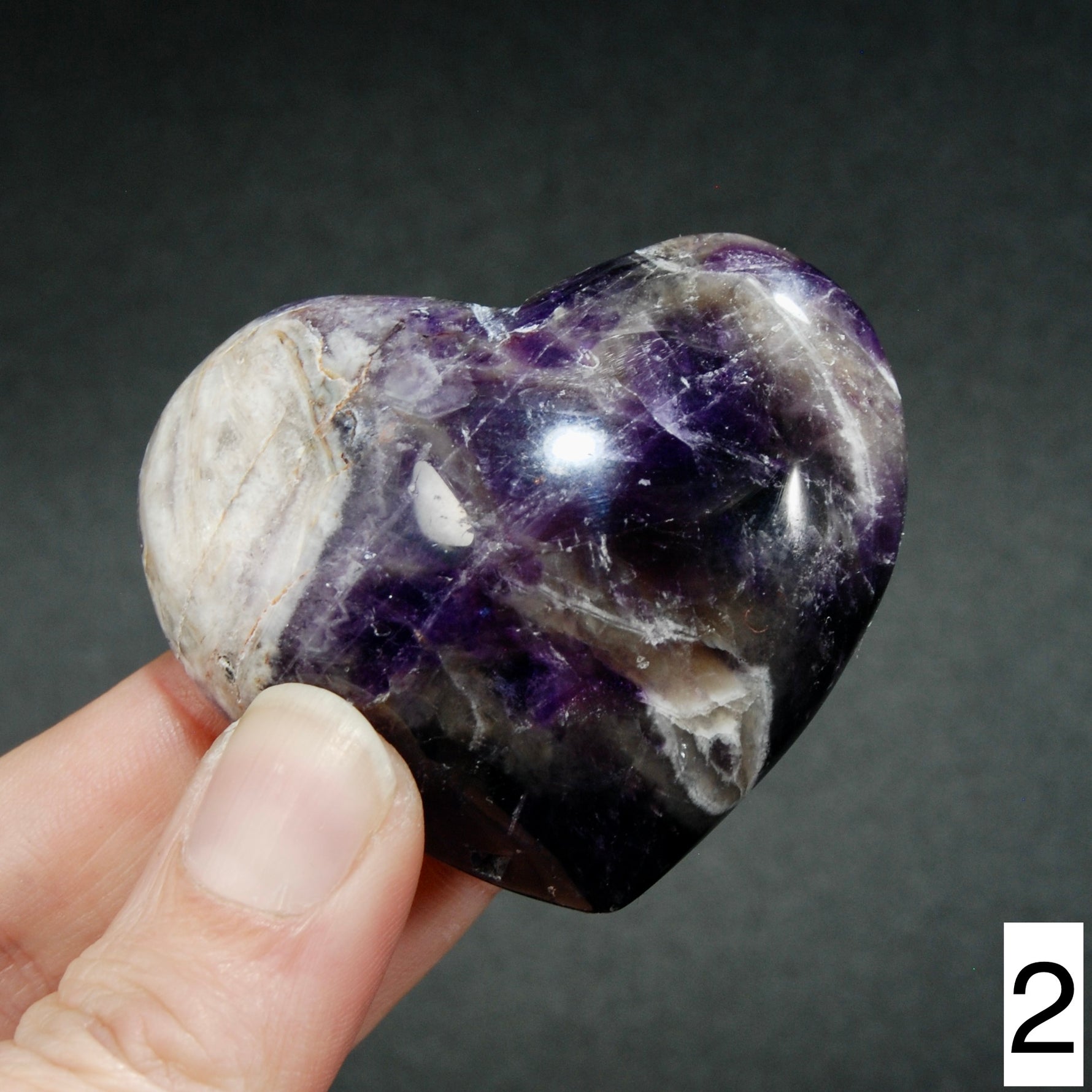 Chevron Amethyst Carved Crystal Heart Shaped Palm Stones, Zambia