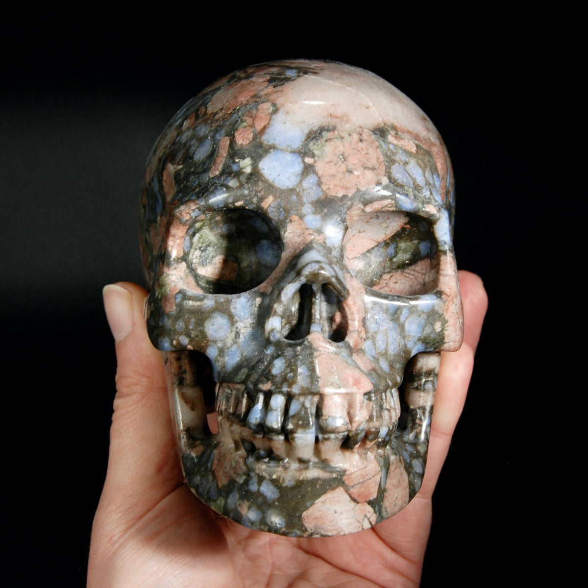 Blue Opal Llanite Carved Crystal Skull, Realistic Que Sera Crystal Skull Carving