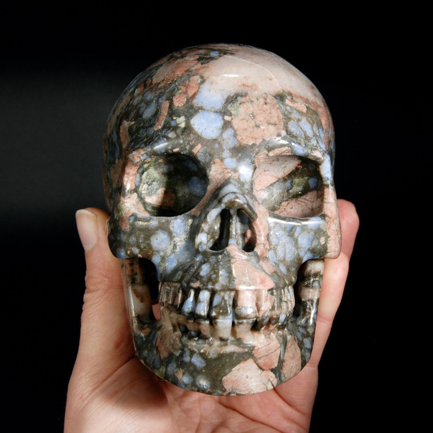 Blue Opal Llanite Carved Crystal Skull, Realistic Que Sera Crystal Skull Carving