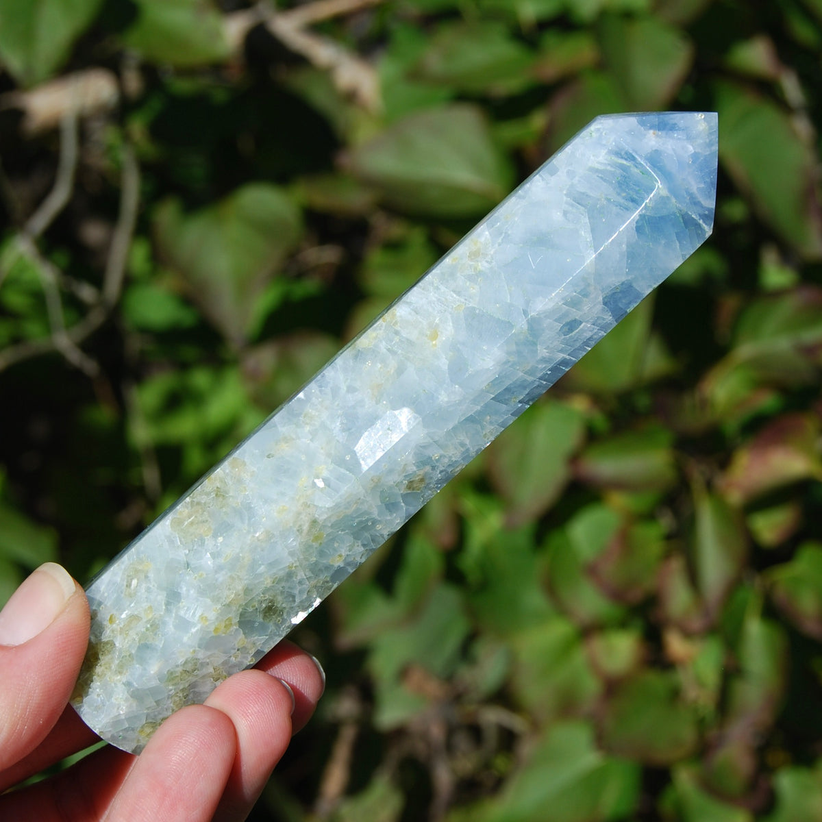 Diopside in Blue Calcite Crystal Tower, Large Blue Calcite Towers, Madagascar