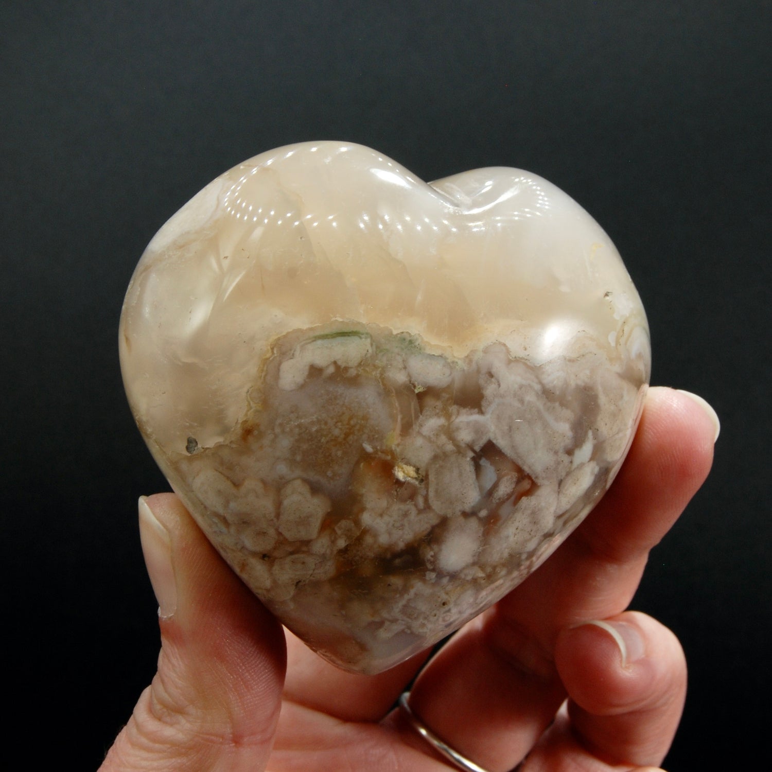 Flower Agate Heart Shaped Palm Stone, Sakura Agate Crystal Heart