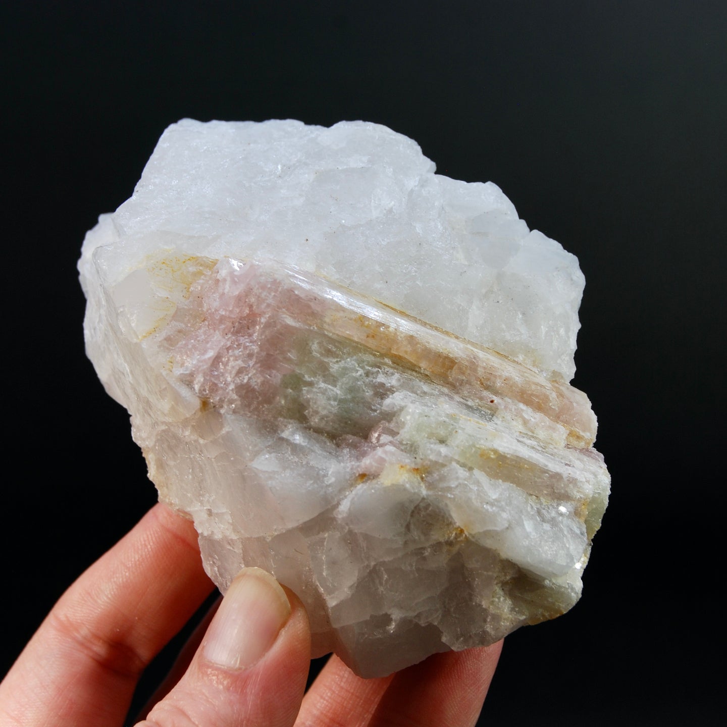 Raw Tricolor Tourmaline Lepidolite Crystal on Quartz Matrix, BrazilRaw Tricolor Tourmaline Lepidolite Crystal on Quartz Matrix
