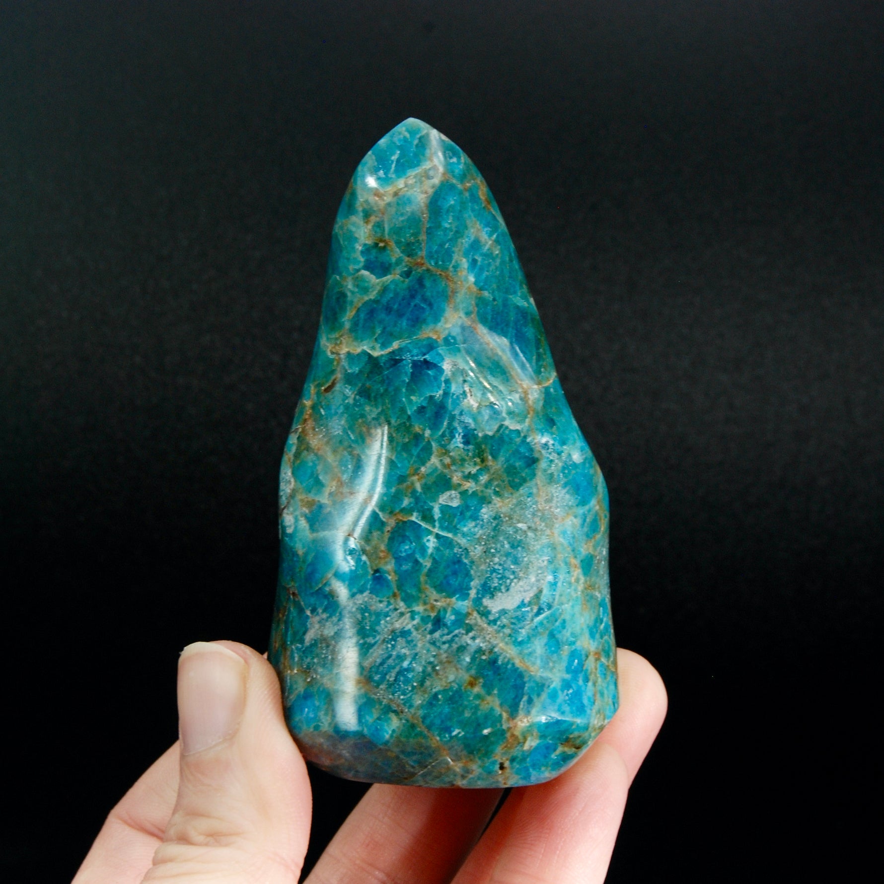 Gemmy Blue Apatite Crystal Flame, Madagascar