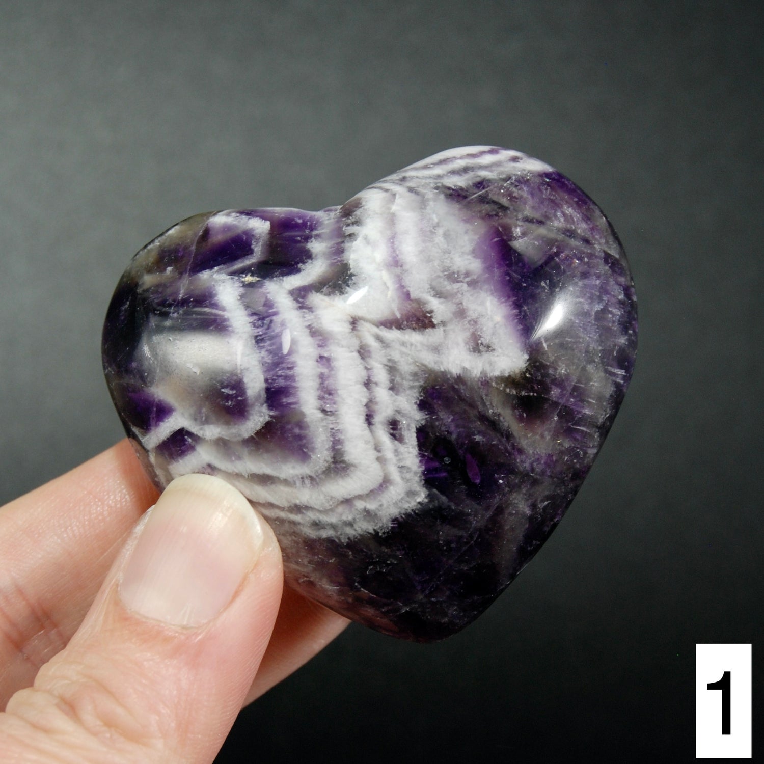 YOU CHOOSE Chevron Amethyst Carved Crystal Heart Shaped Palm Stones, Zambia