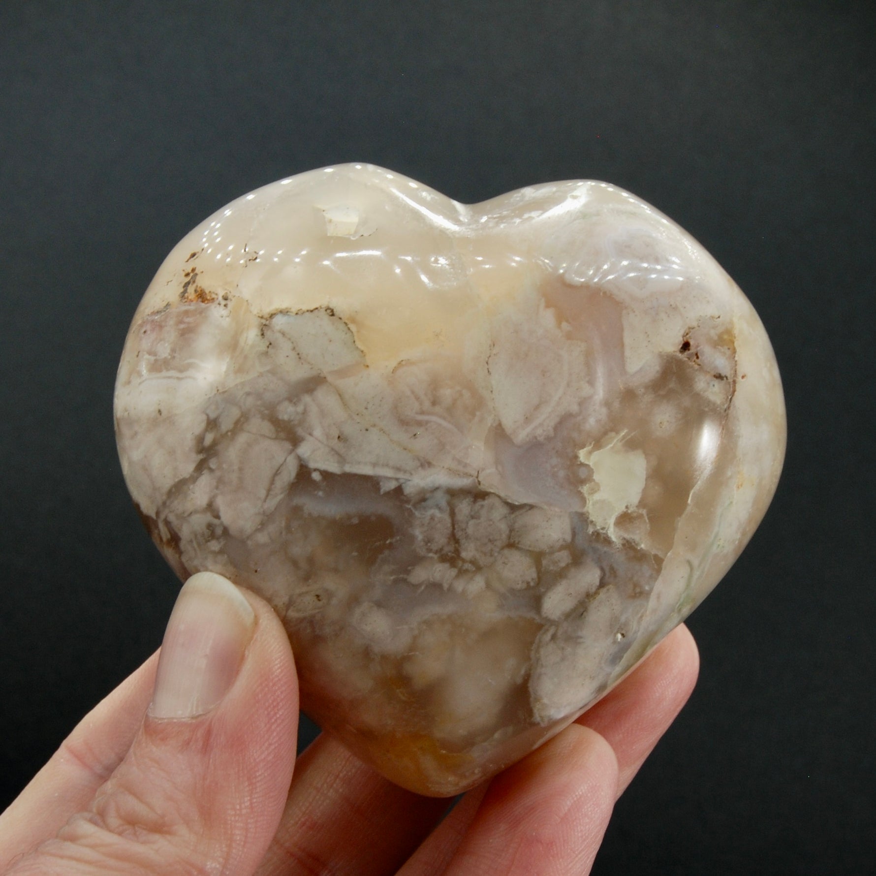 Flower Agate Heart Shaped Palm Stone, Sakura Agate Crystal Heart