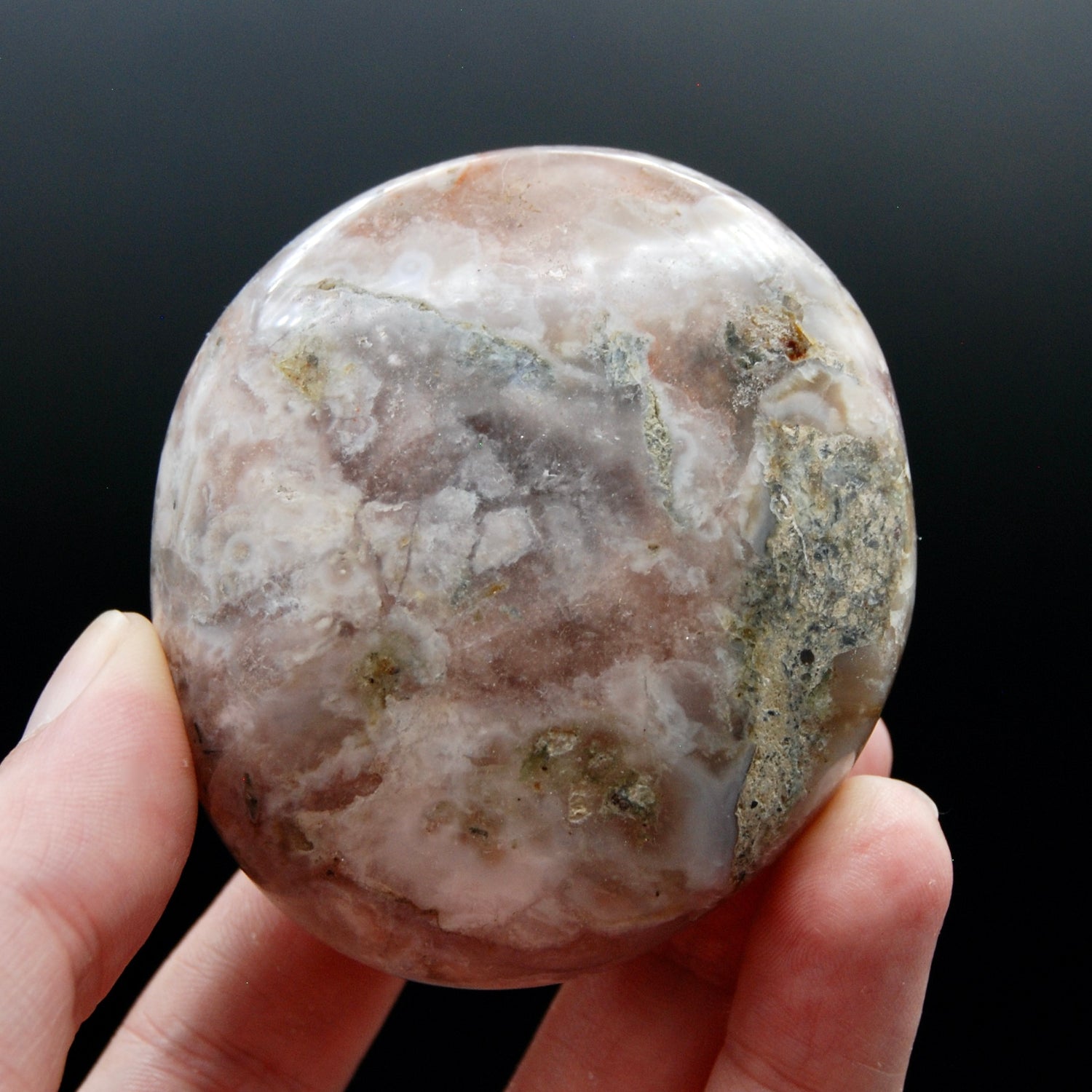 Sakura Flower Agate Palm Stone, Pink Lavender Green Sakura Agate, Madagascar