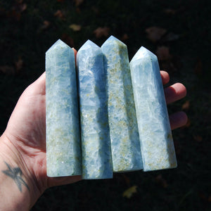 Diopside in Blue Calcite Crystal Tower, Large Blue Calcite Towers, Madagascar