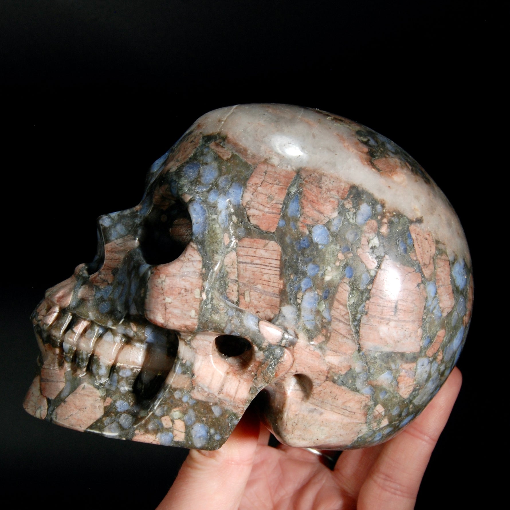 Blue Opal Llanite Carved Crystal Skull, Realistic Que Sera Crystal Skull Carving