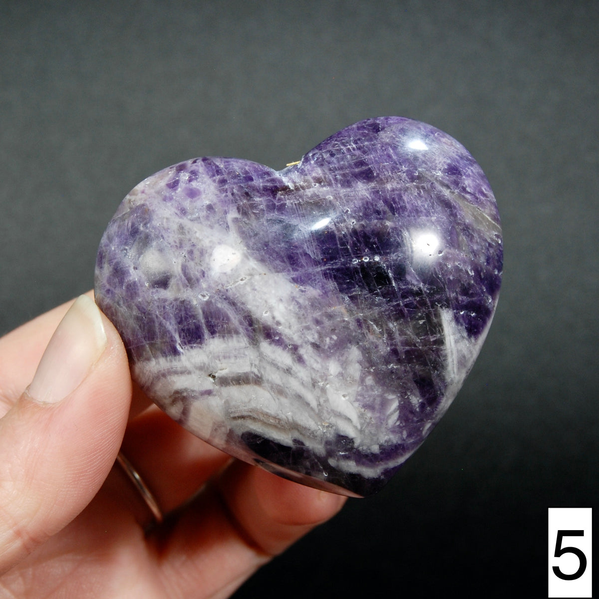 Chevron Amethyst Carved Crystal Heart Shaped Palm Stones, Zambia