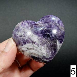 Chevron Amethyst Carved Crystal Heart Shaped Palm Stones, Zambia