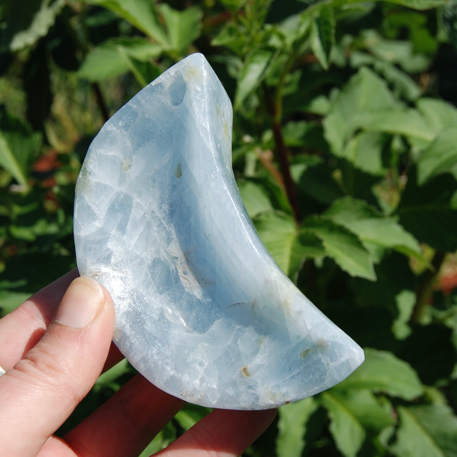 Green Diopside in Blue Calcite Crystal Moon Shaped Bowl