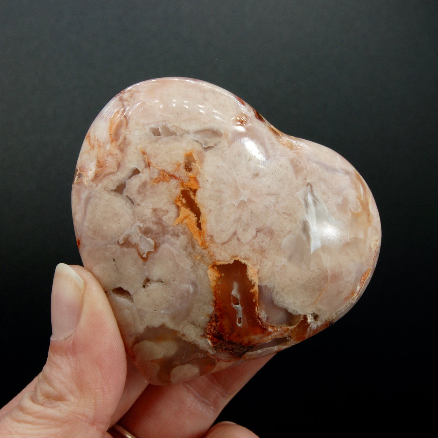 Flower Agate Heart Shaped Palm Stone, Sakura Agate Crystal Heart
