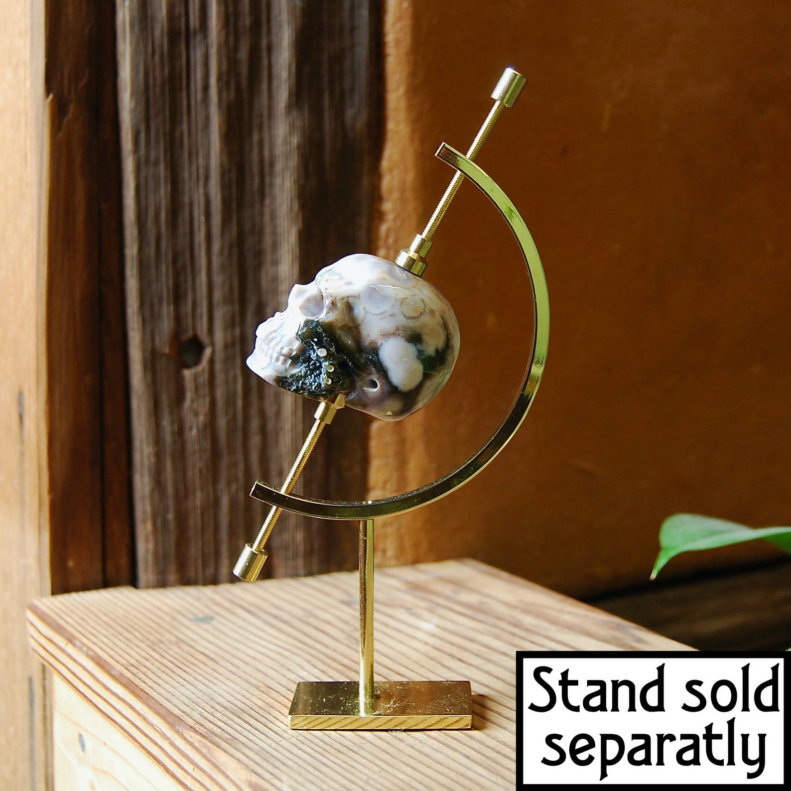 Ocean Jasper Carved Crystal Geode Skull Realistic Gemstone Carving Blue on stand