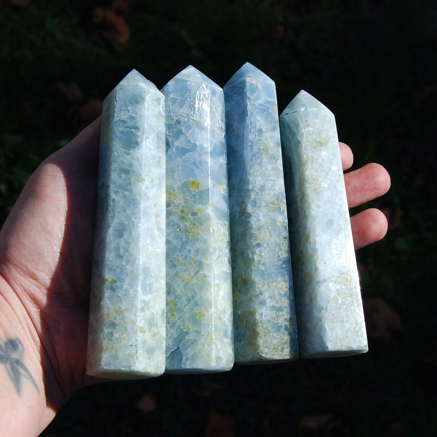 Diopside in Blue Calcite Crystal Tower, Large Blue Calcite Towers, Madagascar
