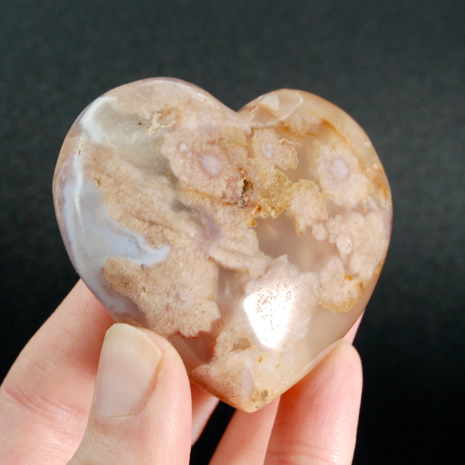 Large Sakura Flower Agate Heart Shaped Palm Stone, Madagascar