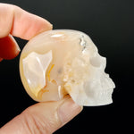 2in Sakura Flower Agate Carved Crystal Skull, Realistic Peach White Flower Agate Skull Carving
