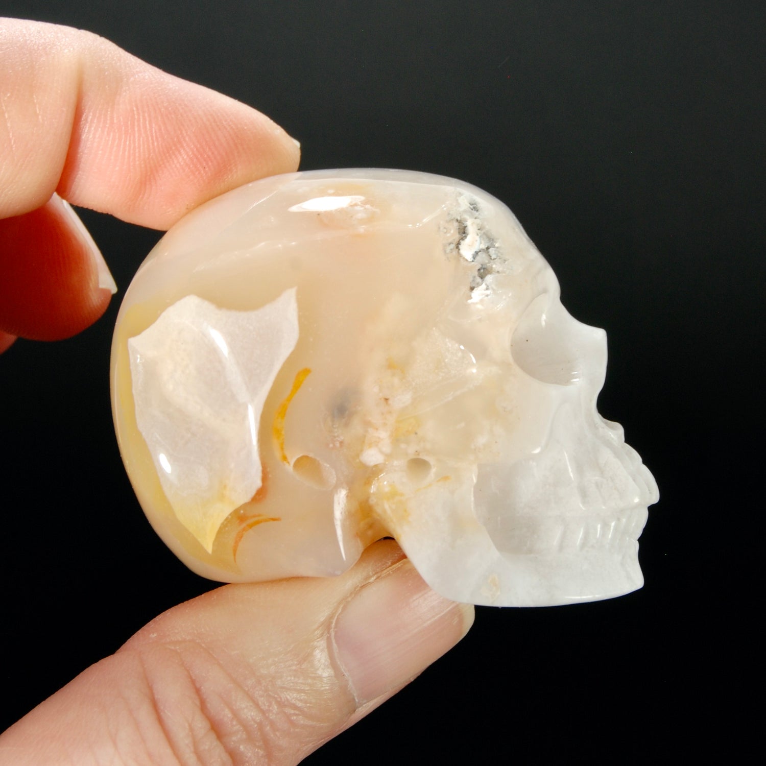 2in Sakura Flower Agate Carved Crystal Skull, Realistic Peach White Flower Agate Skull Carving