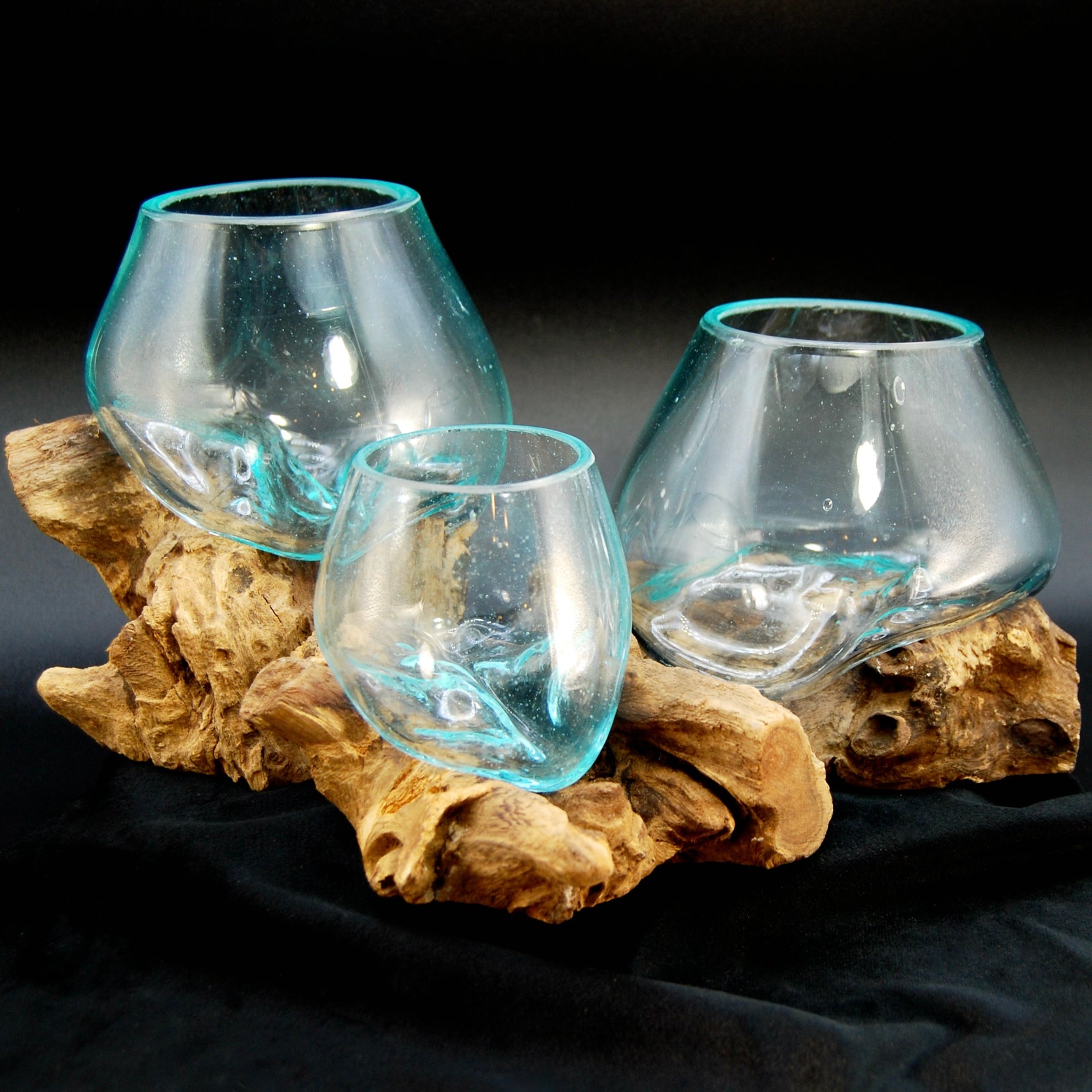 Blown Glass Vase Natural Driftwood Base, Indonesia