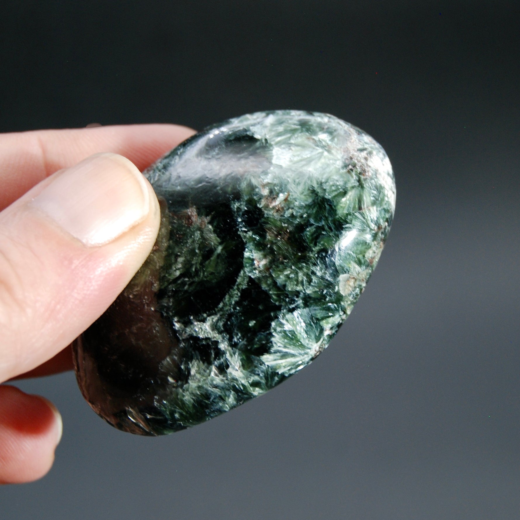 Flashy Seraphinite Crystal Palm Stone, Russia