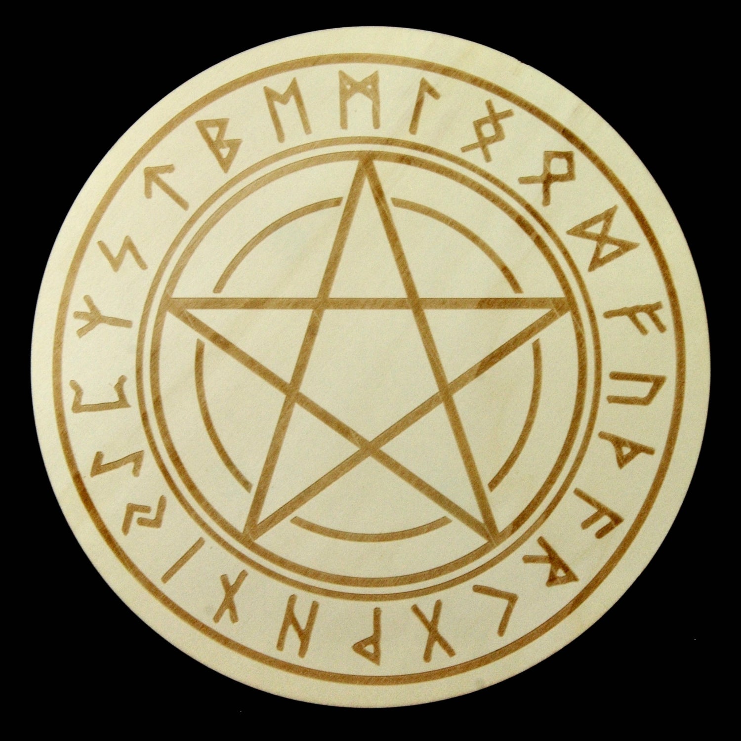 12in Large Wood PENTACLE with RUNES Crystal Grid Sacred Geometry