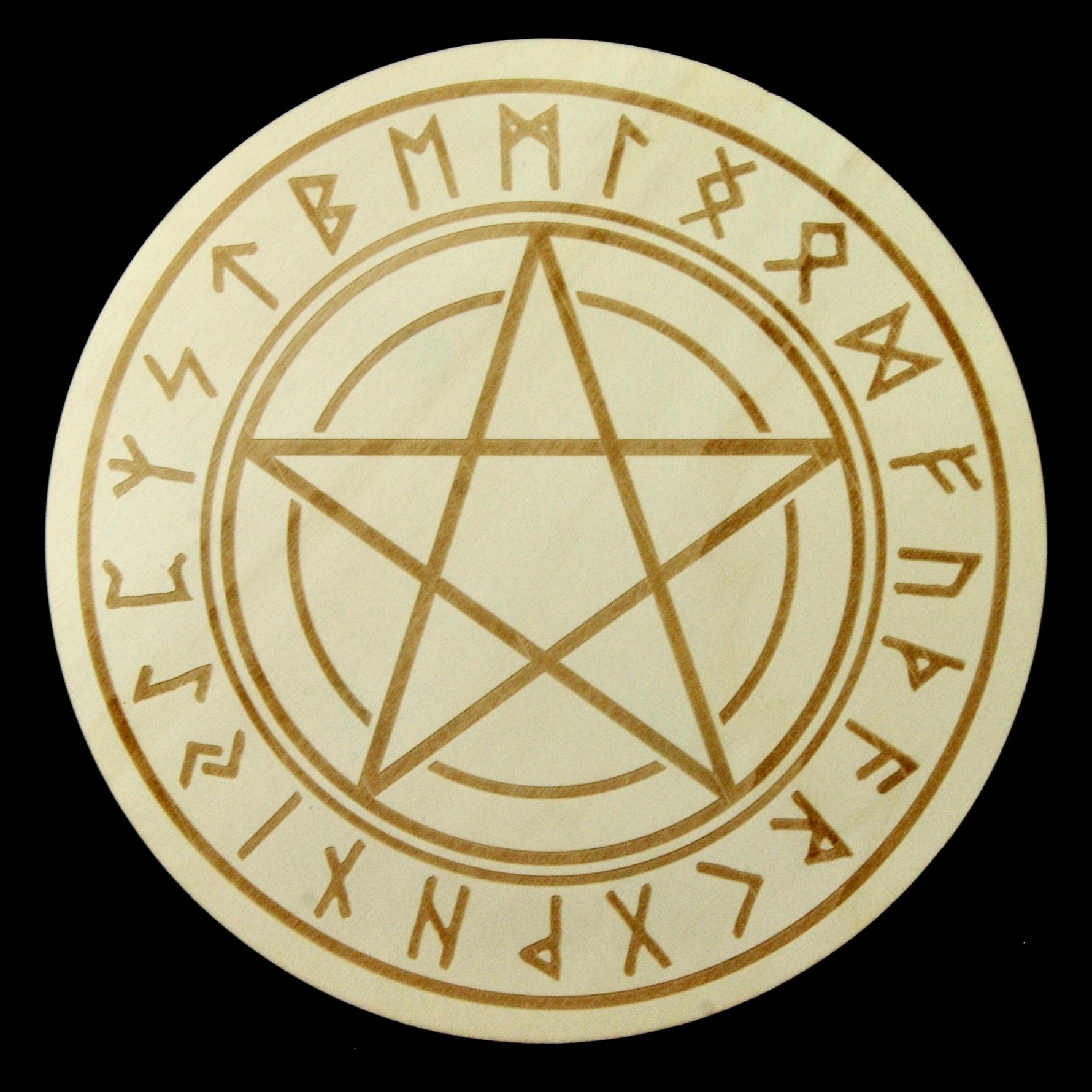 12in Large Wood PENTACLE with RUNES Crystal Grid Sacred Geometry
