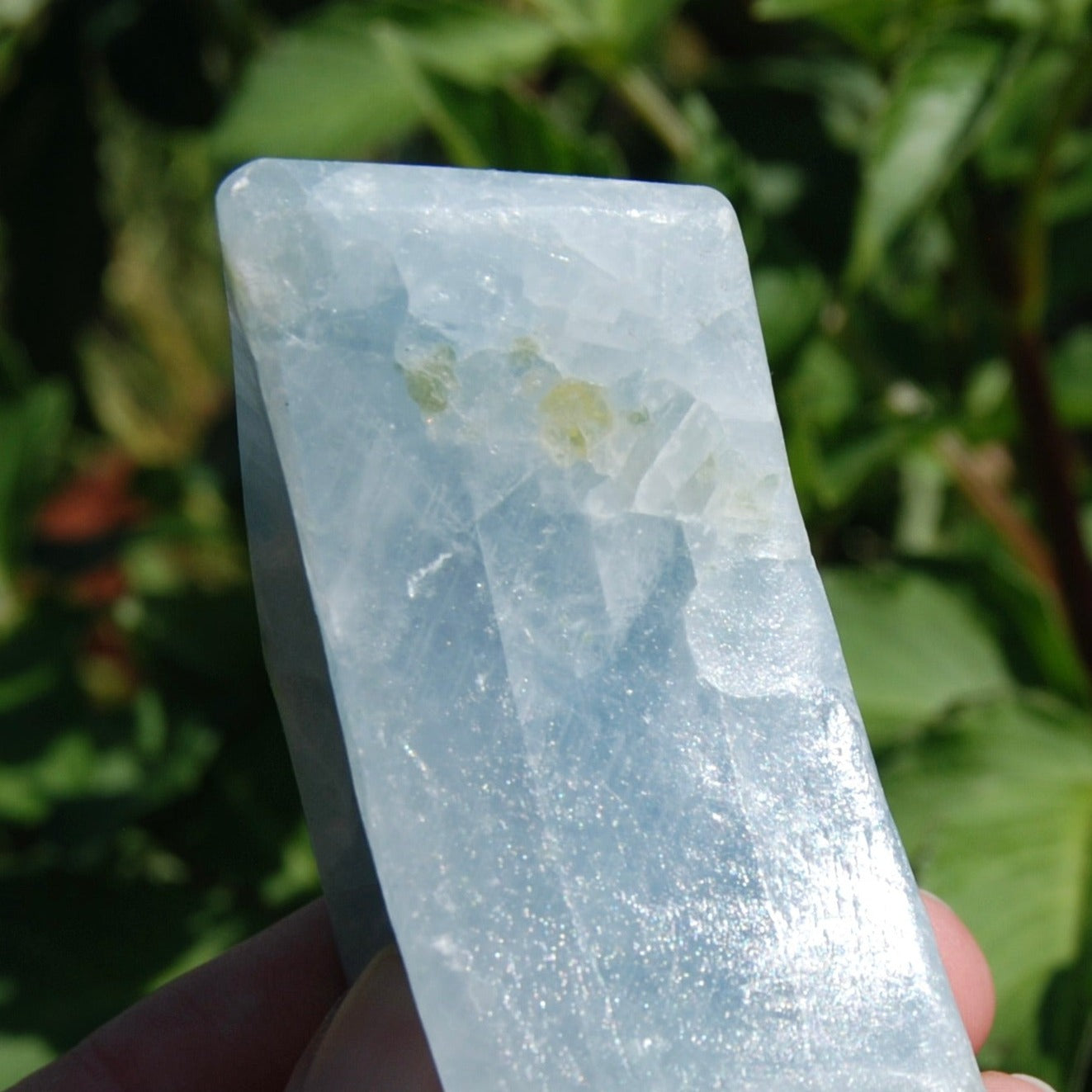 Green Diopside in Blue Calcite Crystal Moon Shaped Bowl