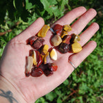 These pieces measure approximately .6 to .9 inches with most measuring .75 inches.  These Tiger's Eye tumbled stones are sold in sets of 6 pieces.