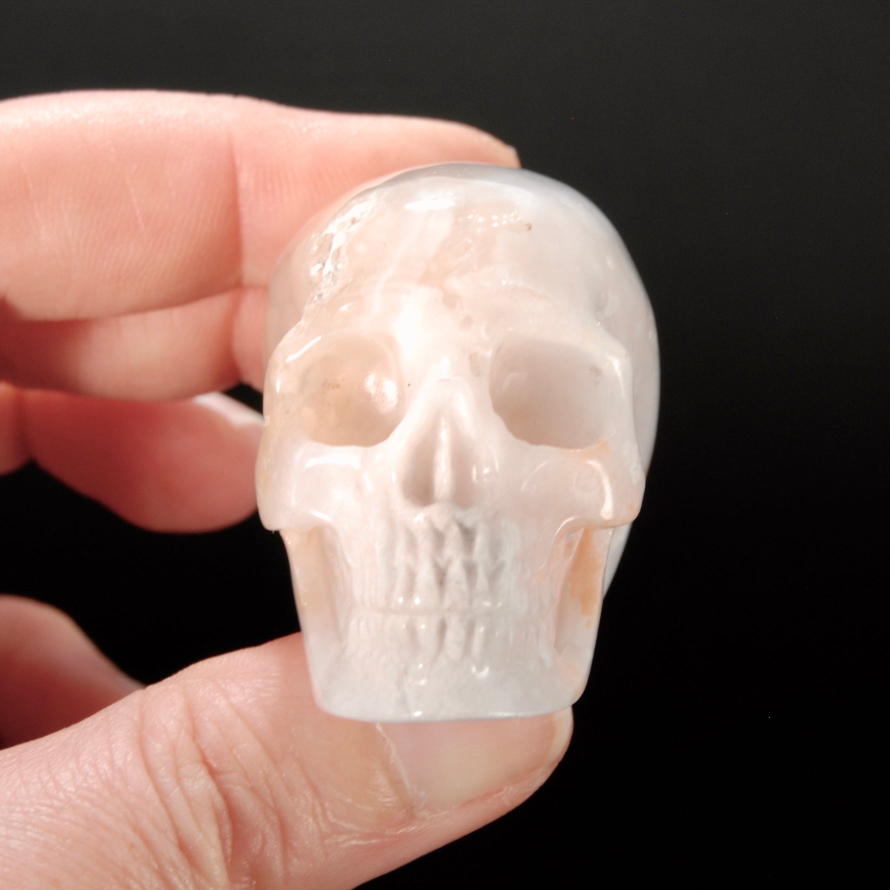 2in Sakura Flower Agate Carved Crystal Skull, Realistic Peach White Flower Agate Skull Carving